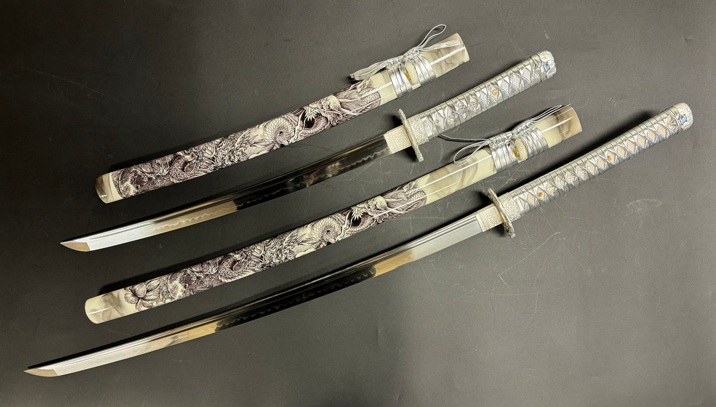 Katana - T10 Steel, Silver Dragon Theme Daisho 2 Sword set