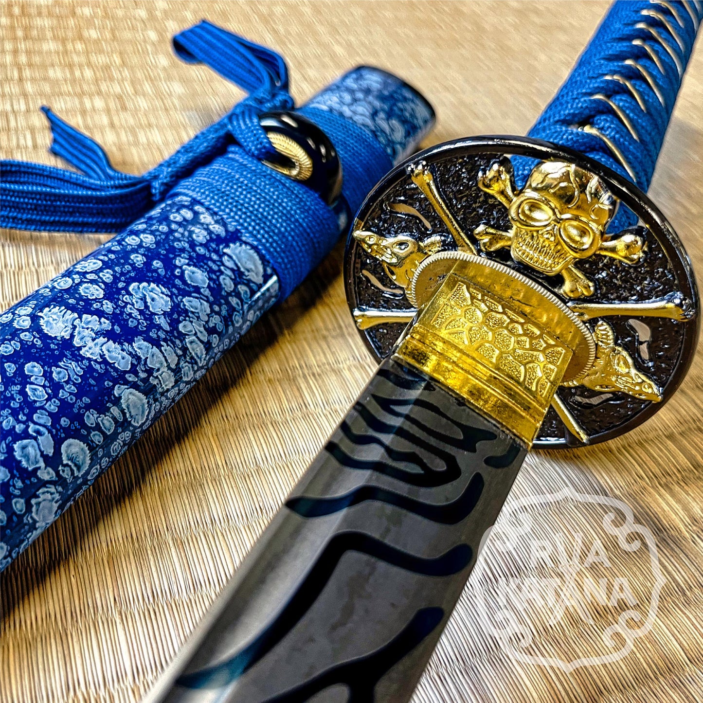 Katana, 1060 Steel, Blue Blade, Skull Theme