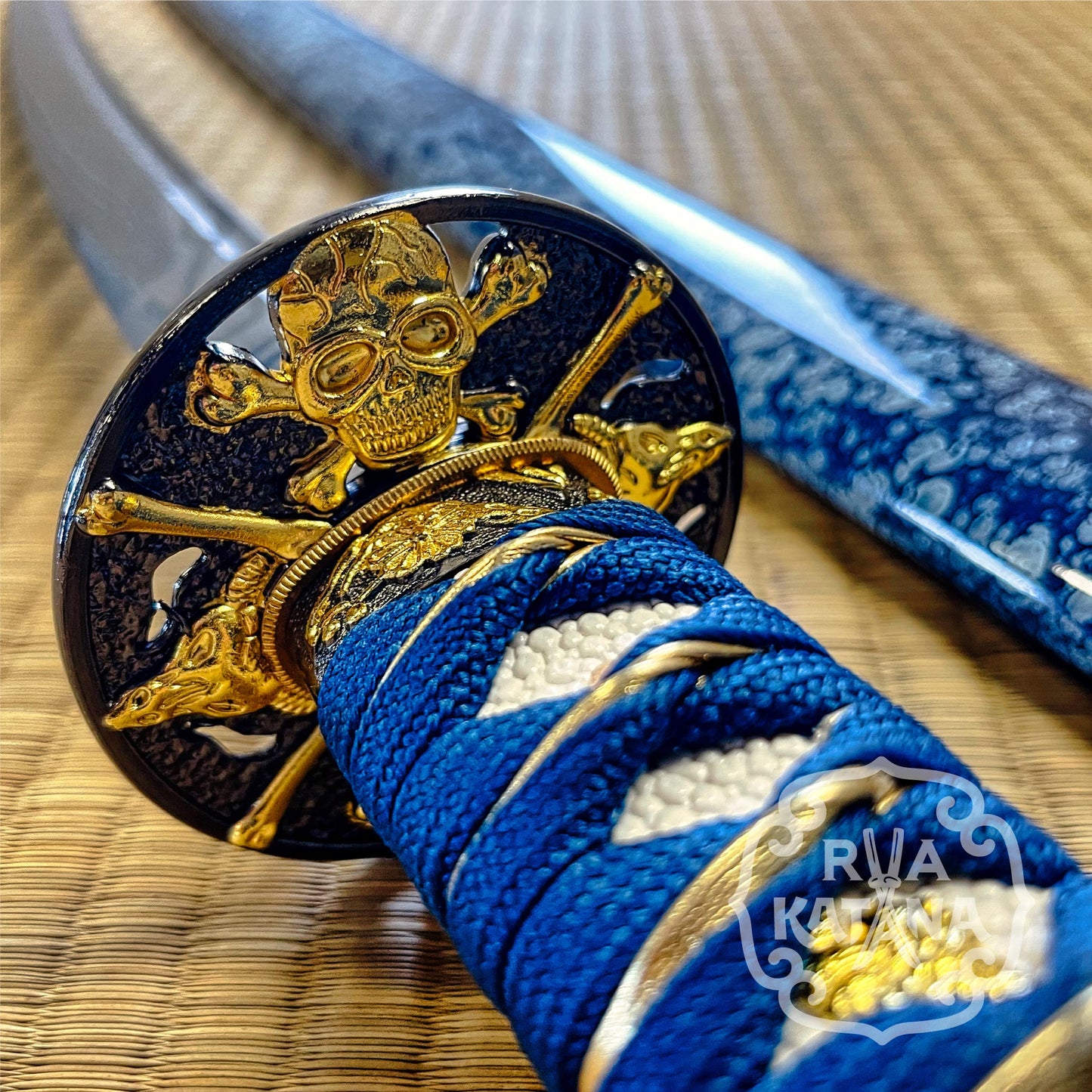 Katana, 1060 Steel, Blue Blade, Skull Theme
