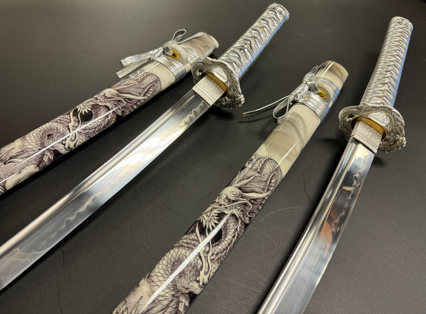 Katana - T10 Steel, Silver Dragon Theme Daisho 2 Sword set