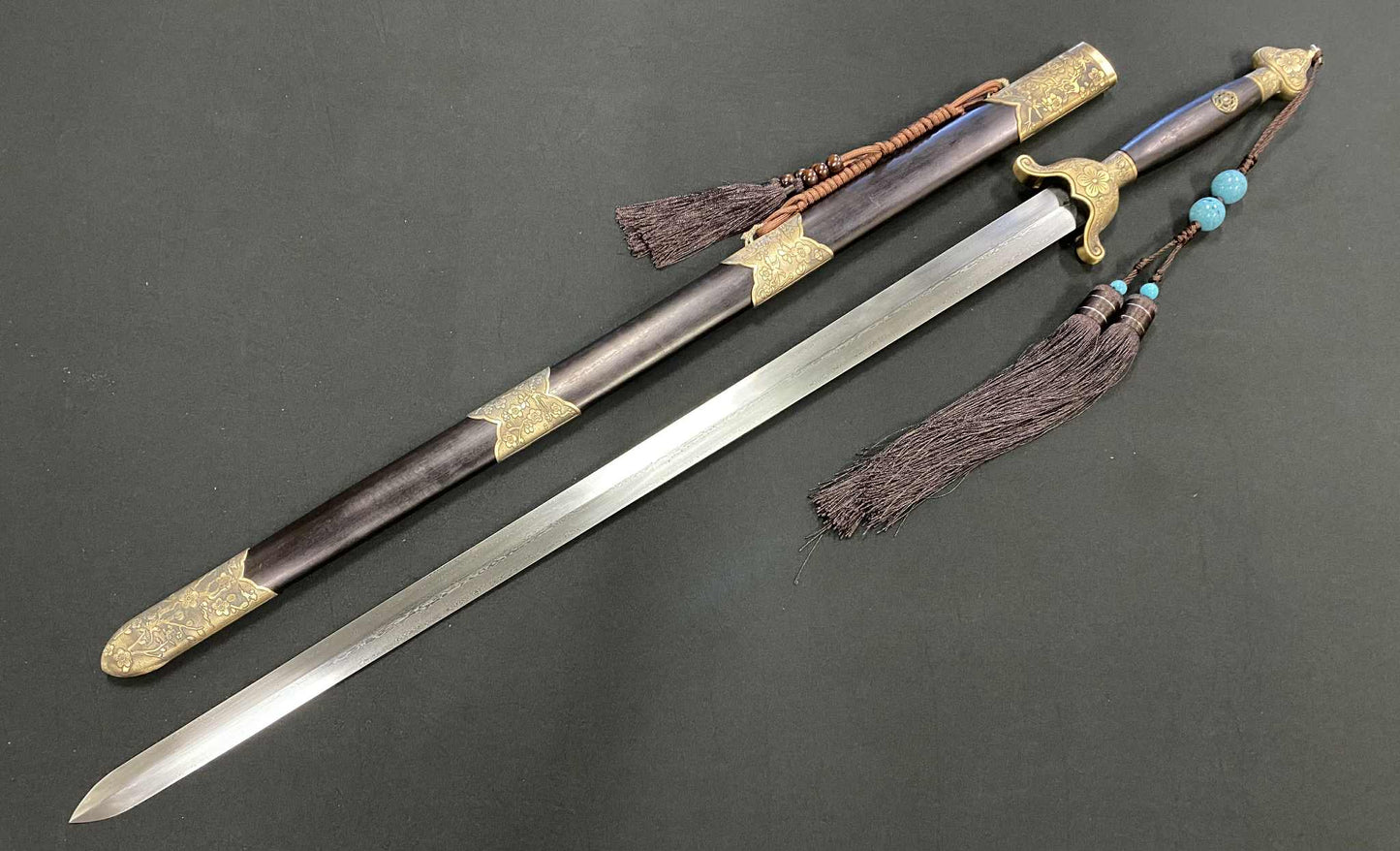 Qing Dynasty Style Jian - Damascus Blade, Plum Brass fittings