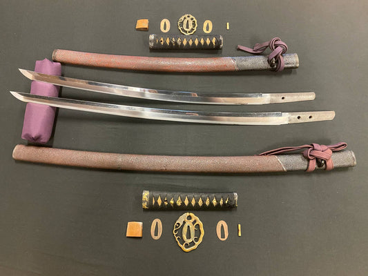 Antique Nihonto - Daishou Katateuchi Katana (Late Muromachi, signed Norimitsu) and Wakizashi (Late Muromachi, signed Bishu Mihara Ju Kai Masahisa) (neither verified)