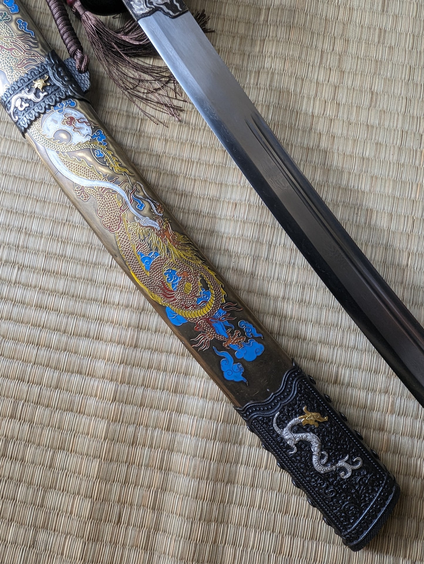 Long Kangxi Dao - Damascus Clay Tempered blade, copper scabbard