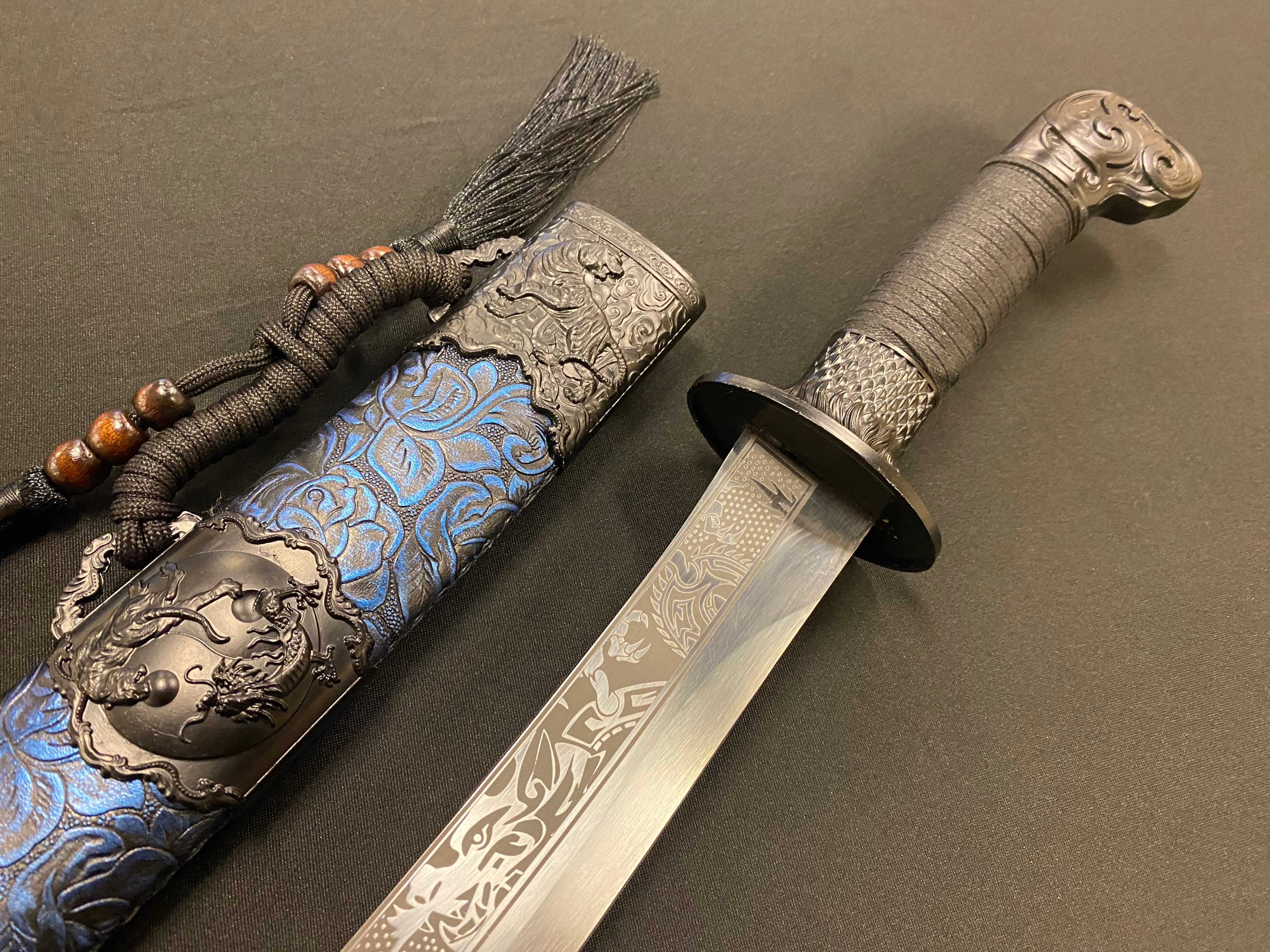 Dao Dagger - Tiger Dueling Dragon - Etched Manganese Steel