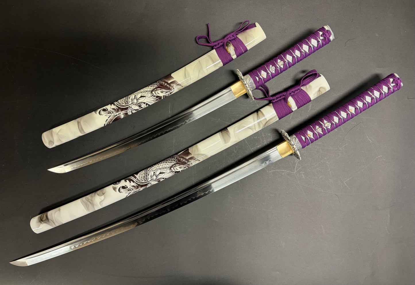 Dragonspring Forge Katana Wakizashi 2-sword Daishou - Purple Carp Daisho - T10 Clay Tempered