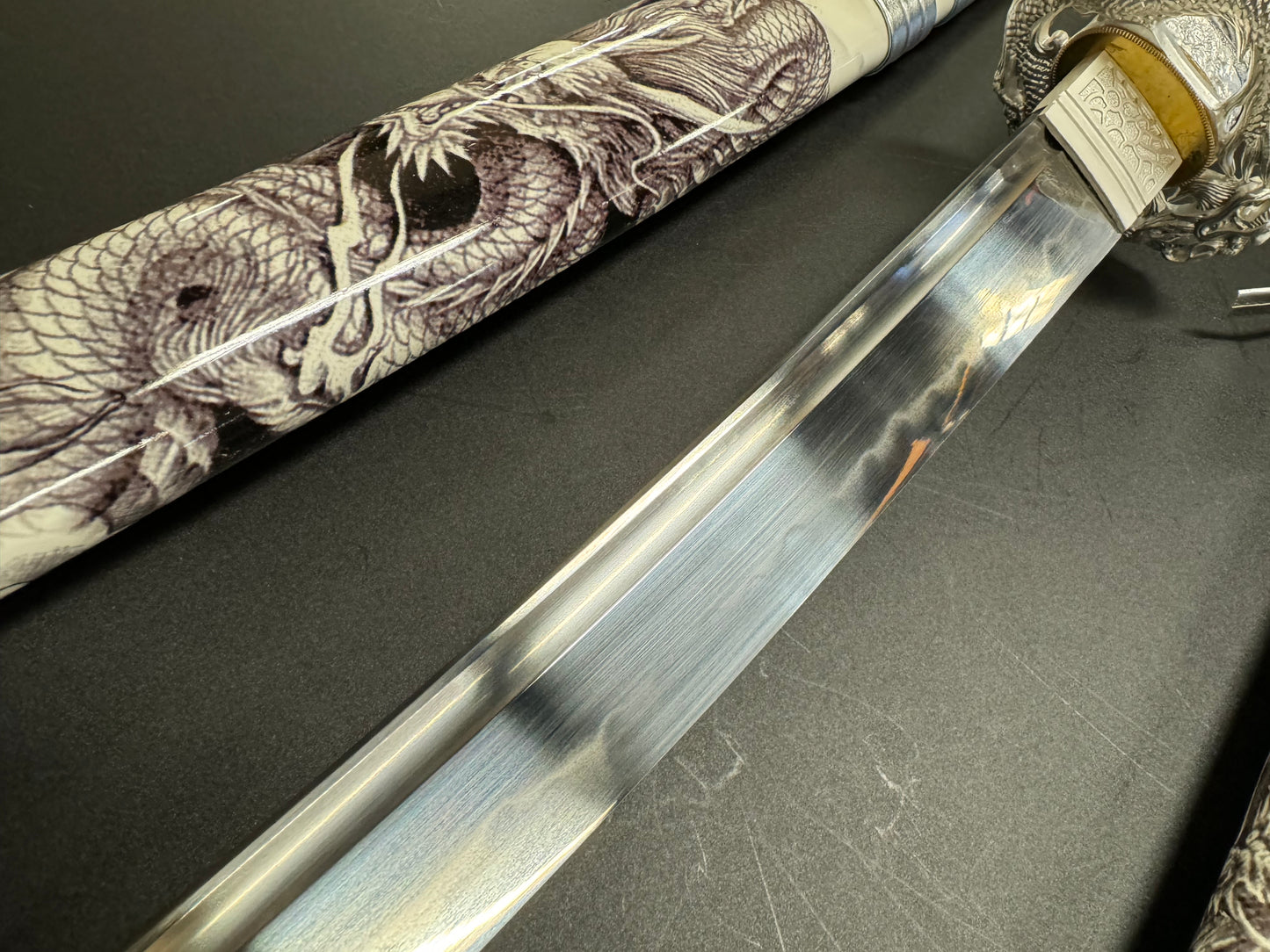 Dragonspring Katana Wakizashi Daisho - Silver Dragon - T10 Steel Clay Tempered