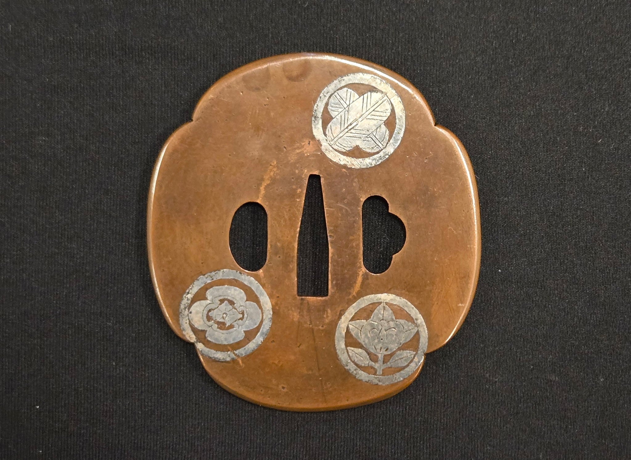 Antique Tsuba - copper with silver inlay kamon family crest