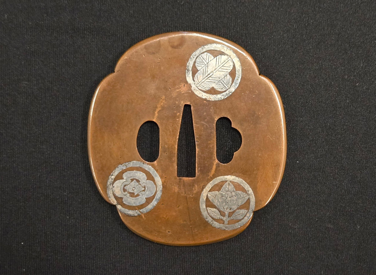 Antique Tsuba - copper with silver inlay kamon family crest