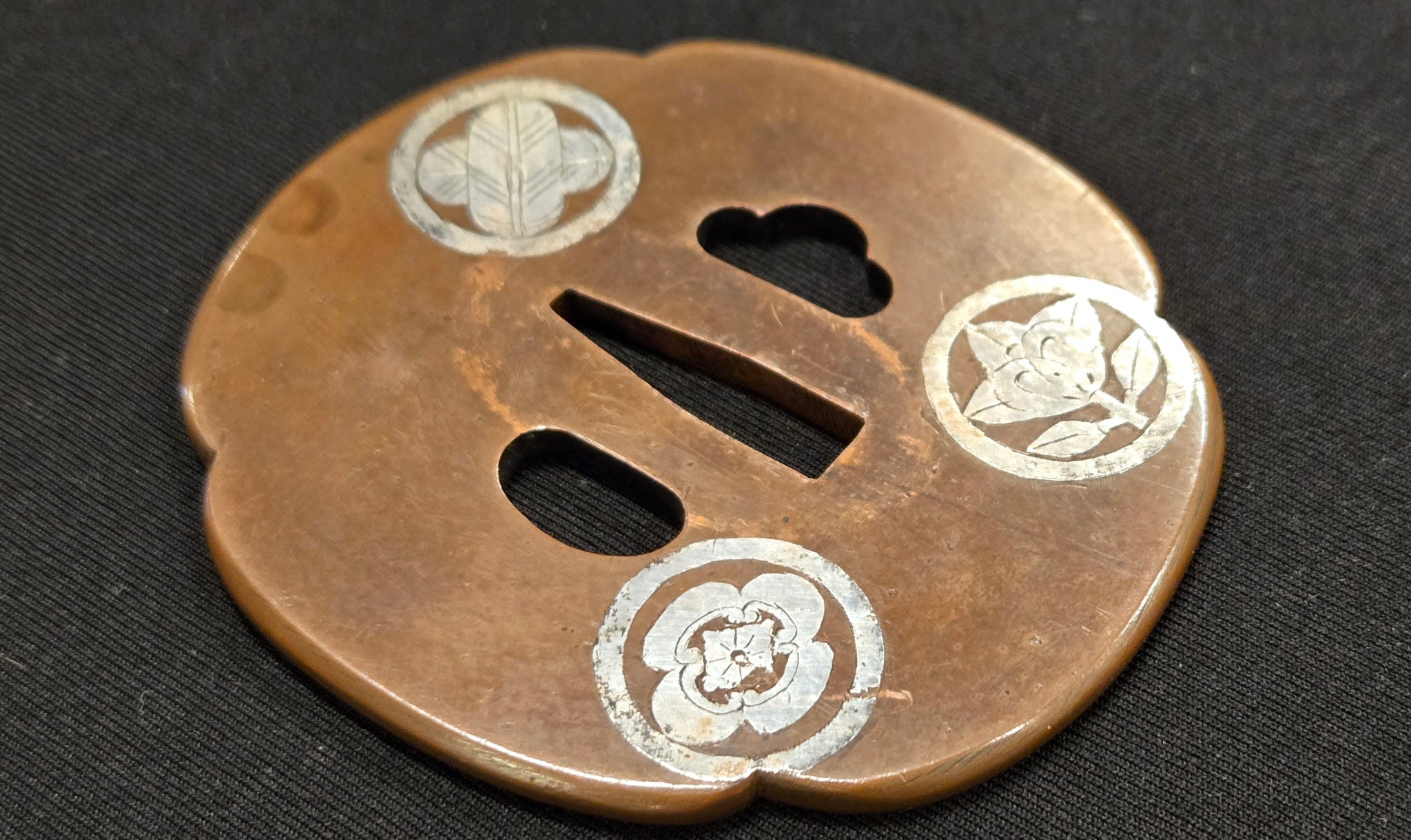 Antique Tsuba - copper with silver inlay kamon family crest