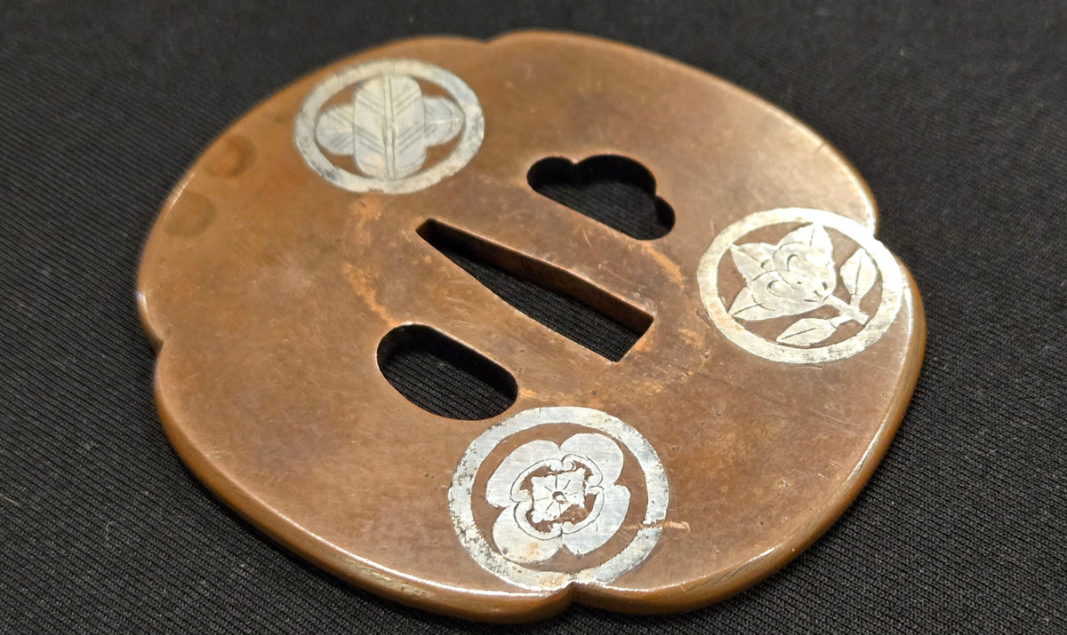 Antique Tsuba - copper with silver inlay kamon family crest