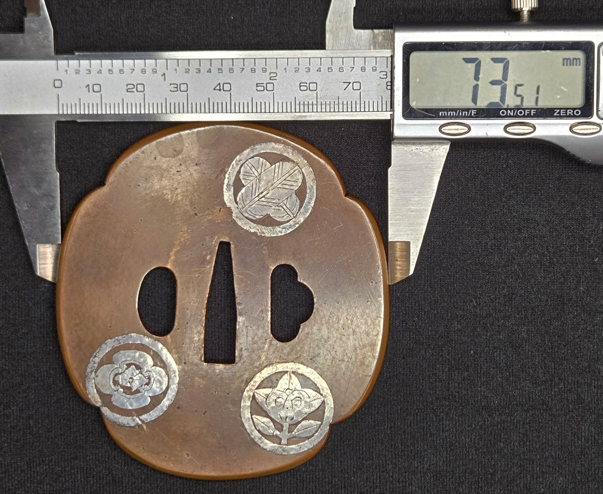 Antique Tsuba - copper with silver inlay kamon family crest