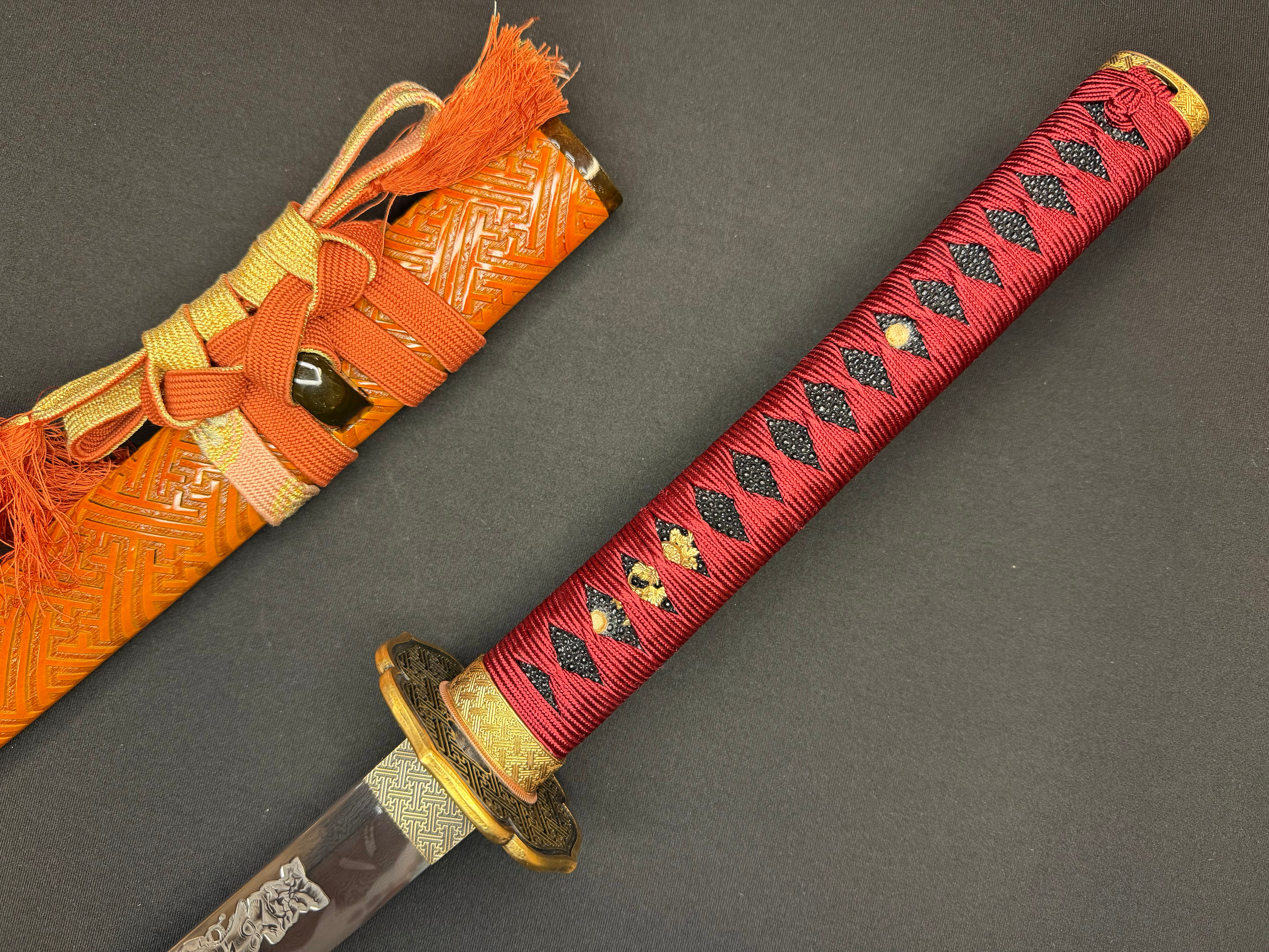 Phoenix Armory Katana - Crimson Manji Orishigane Clay-Tempered Horimono