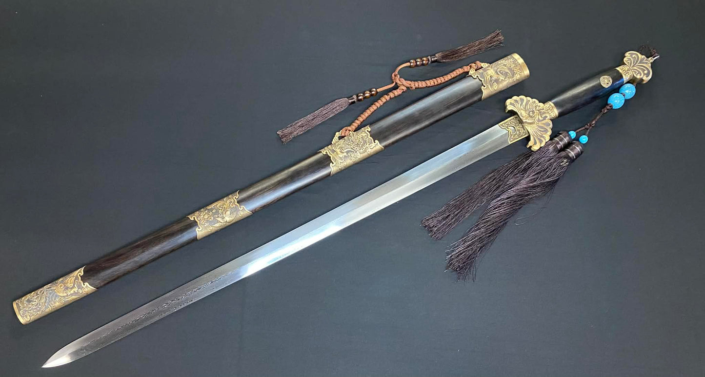 Phoenix Armory Qing Jian - Phoenix Flight four-faced Damascus, Brass fittings