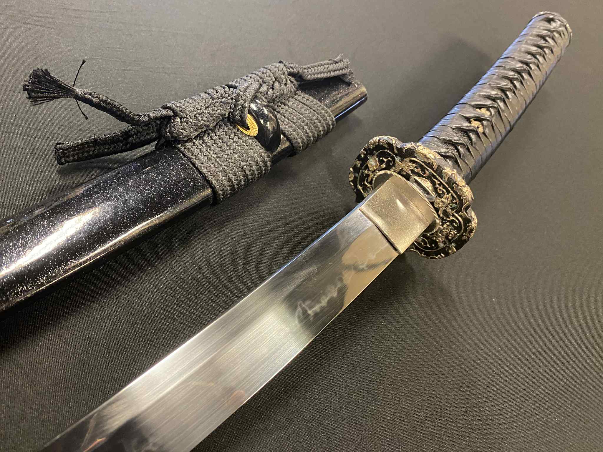 Phoenix Armory Katana - Spring Arch - deep sori, T10 Clay Tempered Choji hamon, Brass Fittings