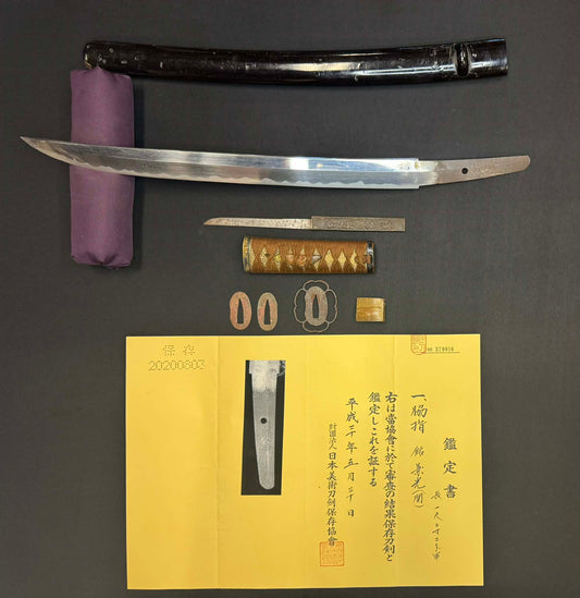 Antique Nihonto - Late Muromachi Shobu Zukuri Wakizashi in Koshirae - signed Kanemitsu, NBTHK attributed to Seki School