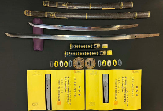 Antique Nihonto - Daishou Katana (NBTHK attributed to Fujiwara Takada) and Wakizashi (NBTHK attributed to Echizen Seki) in Handachi Koshirae