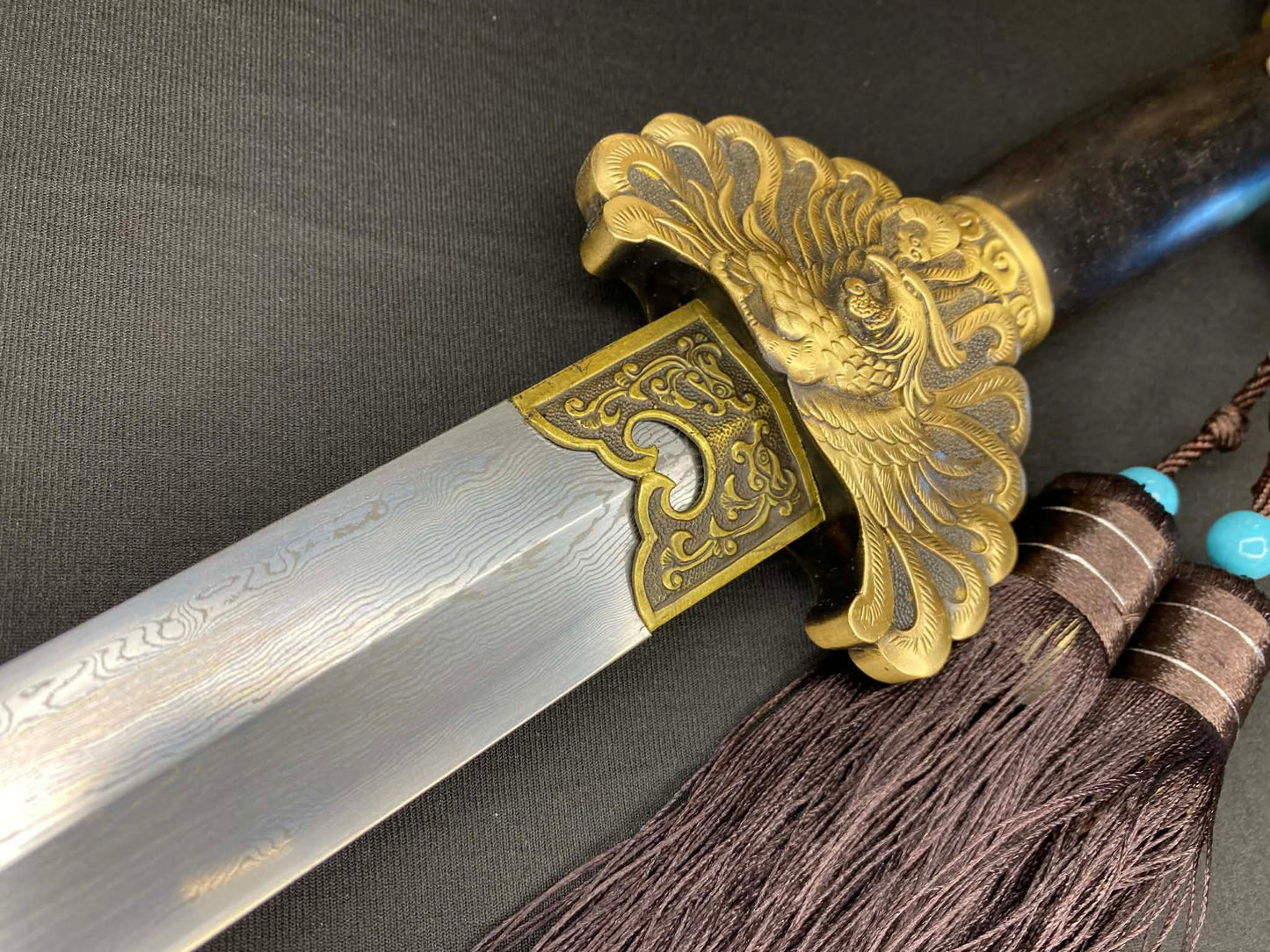 Phoenix Armory Qing Jian - Phoenix Flight four-faced Damascus, Brass fittings