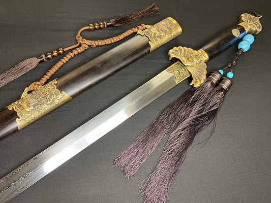 Phoenix Armory Qing Jian - Phoenix Flight four-faced Damascus, Brass fittings