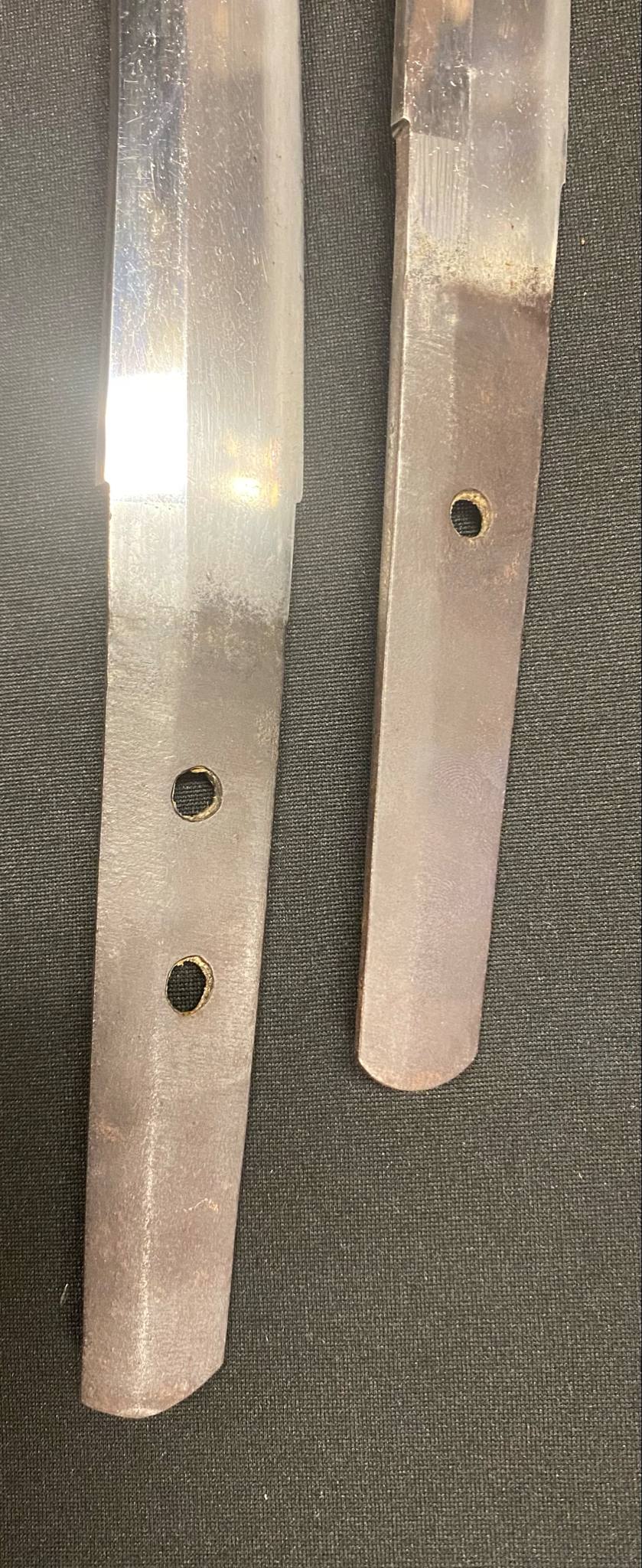 Antique Nihonto - Daishou Katateuchi Katana (Late Muromachi, signed Norimitsu) and Wakizashi (Late Muromachi, signed Bishu Mihara Ju Kai Masahisa) (neither verified)