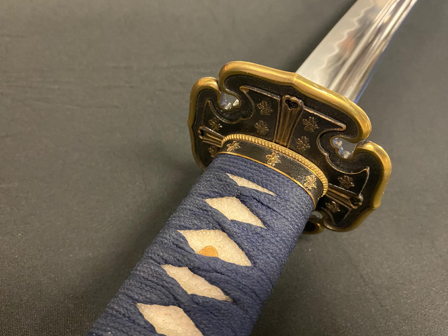 CONSIGNMENT Legacy Blades Master Smith okissaki Unokubi Itomaki Tachi with Aoi Tsuba - honsanmai folded steel Clay-tempered kesho polish