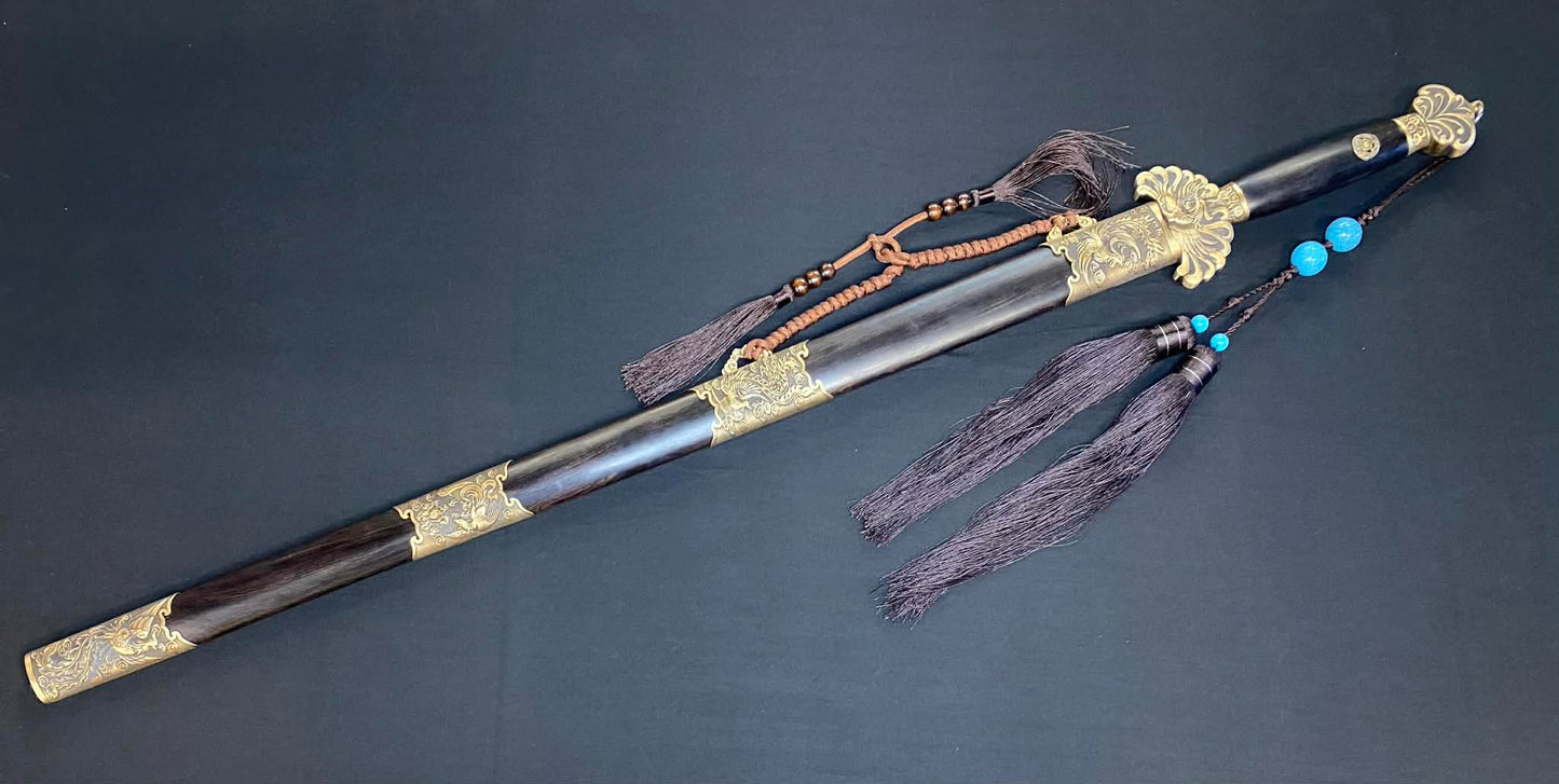 Phoenix Armory Qing Jian - Phoenix Flight four-faced Damascus, Brass fittings