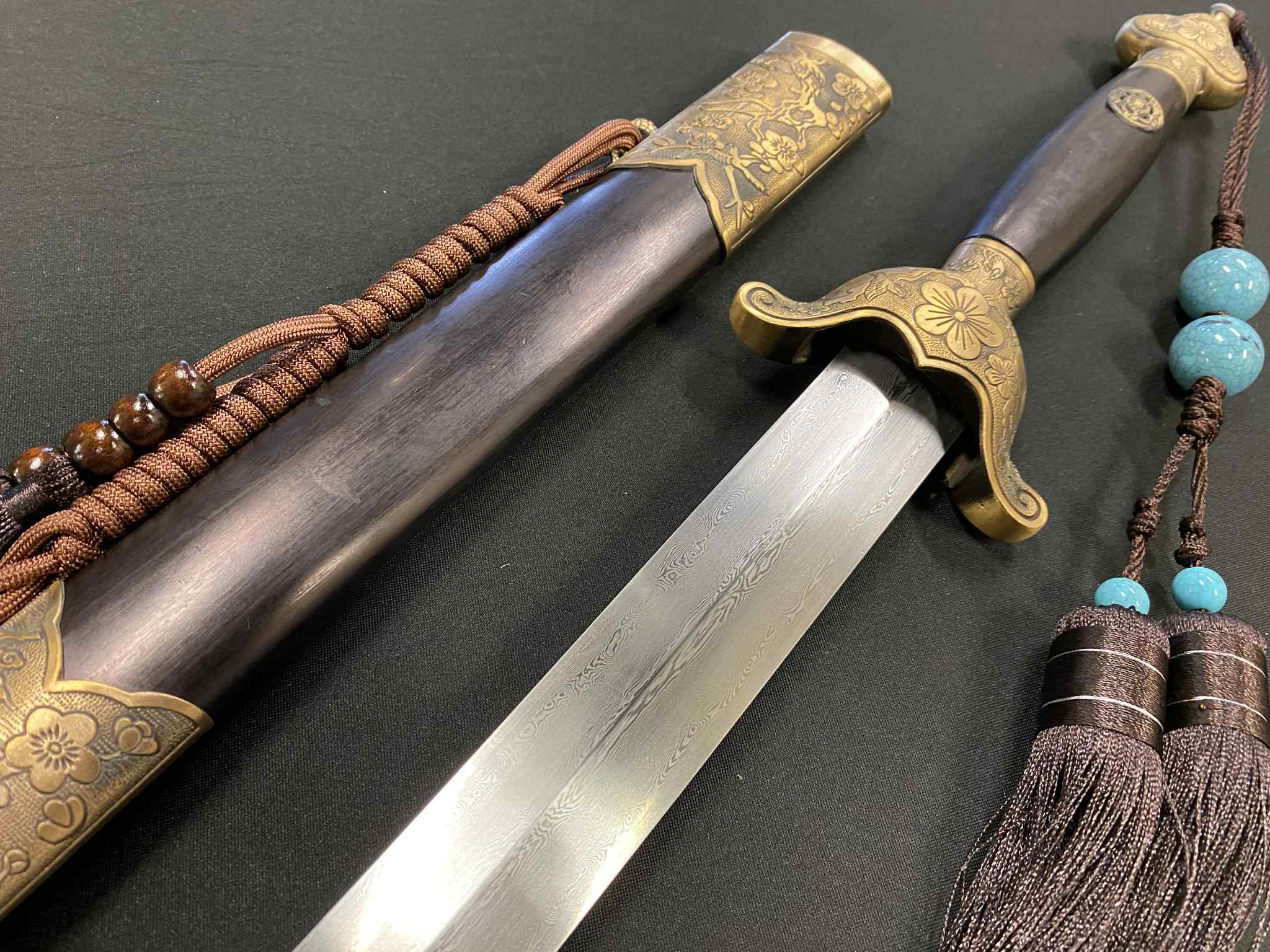 Qing Dynasty Style Jian - Damascus Blade, Plum Brass fittings