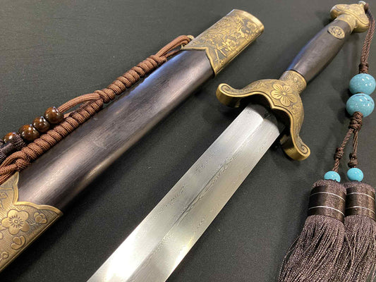 Qing Dynasty Style Jian - Damascus Blade, Plum Brass fittings