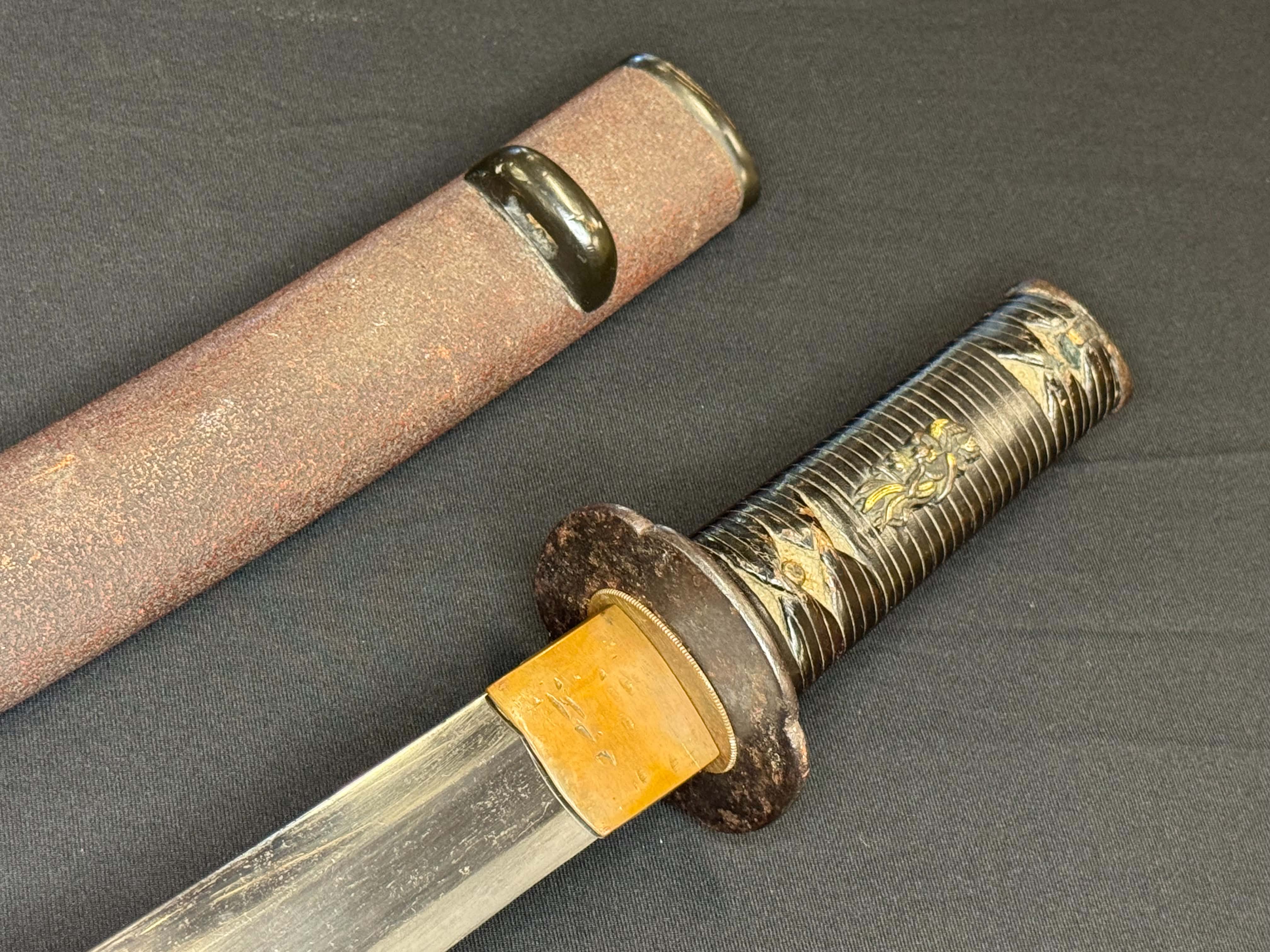 Antique Nihonto - WIDE Naginata Naoshi Wakizashi in Koshirae, signed Chikushu Ju Sa (unverified)