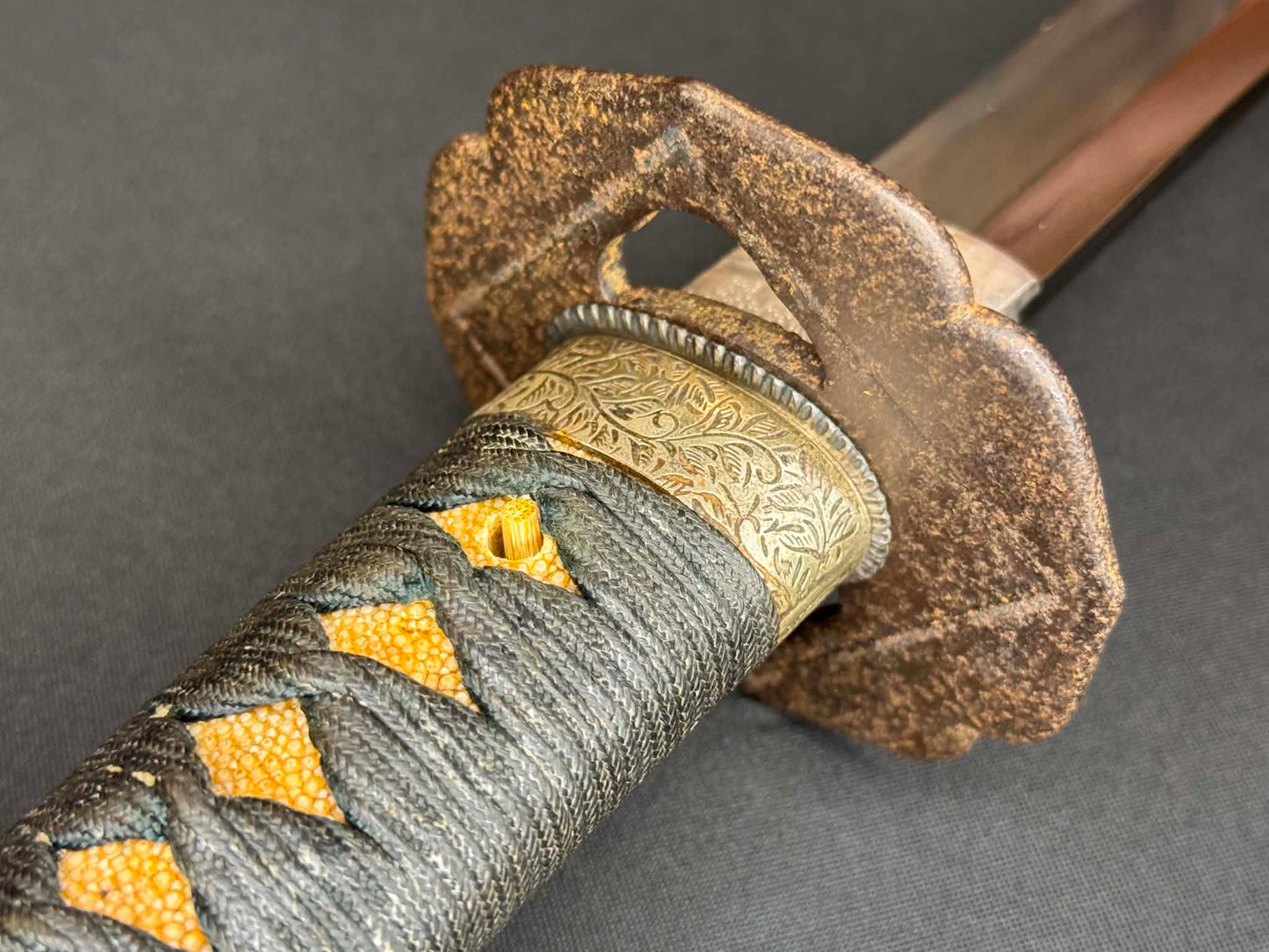 Antique Nihonto - POSSIBLE BATTLE DAMAGE Katana with Tachi Koshirae, signed Tsuguie (not verified)