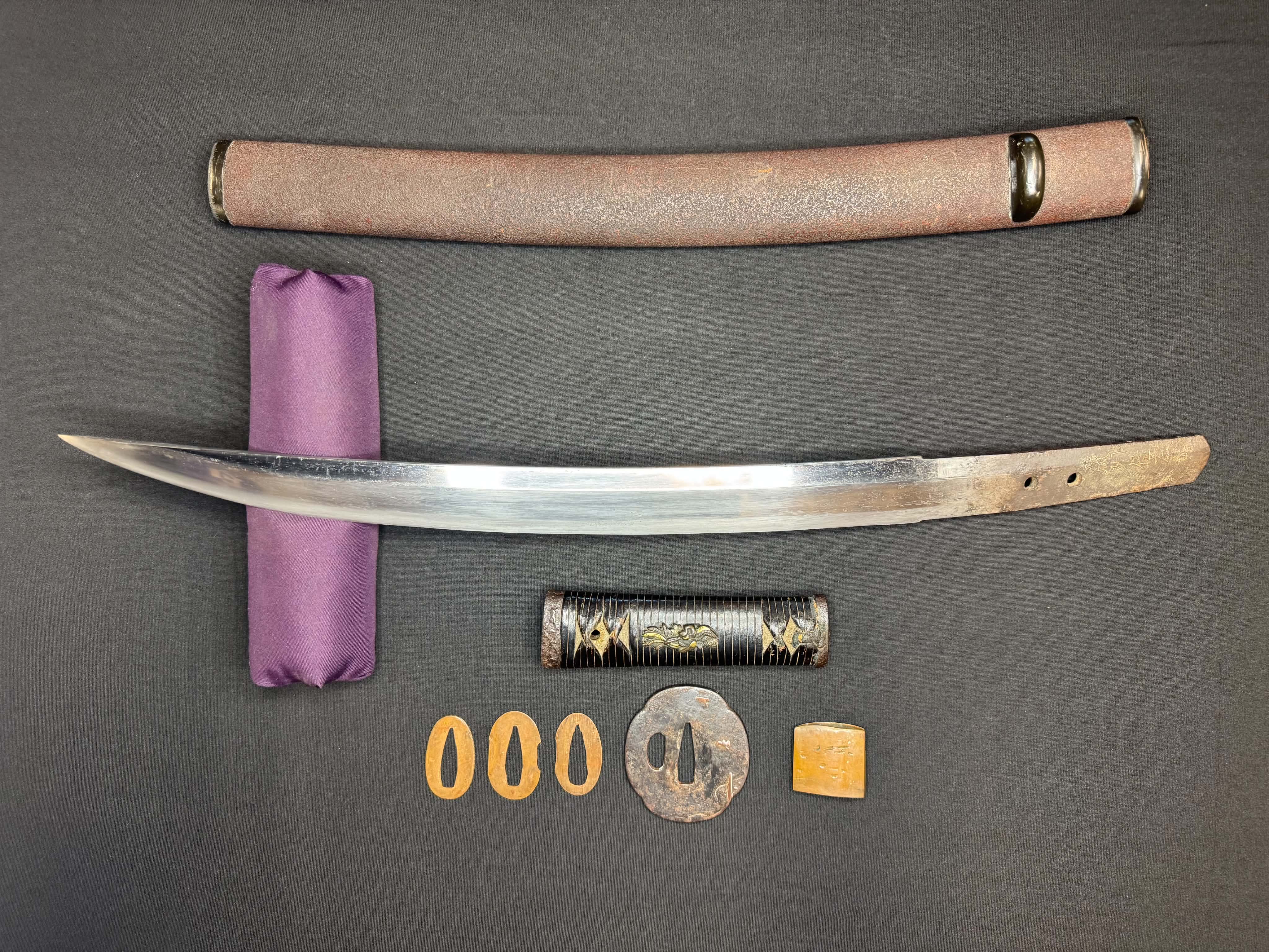 Antique Nihonto - WIDE Naginata Naoshi Wakizashi in Koshirae, signed Chikushu Ju Sa (unverified)