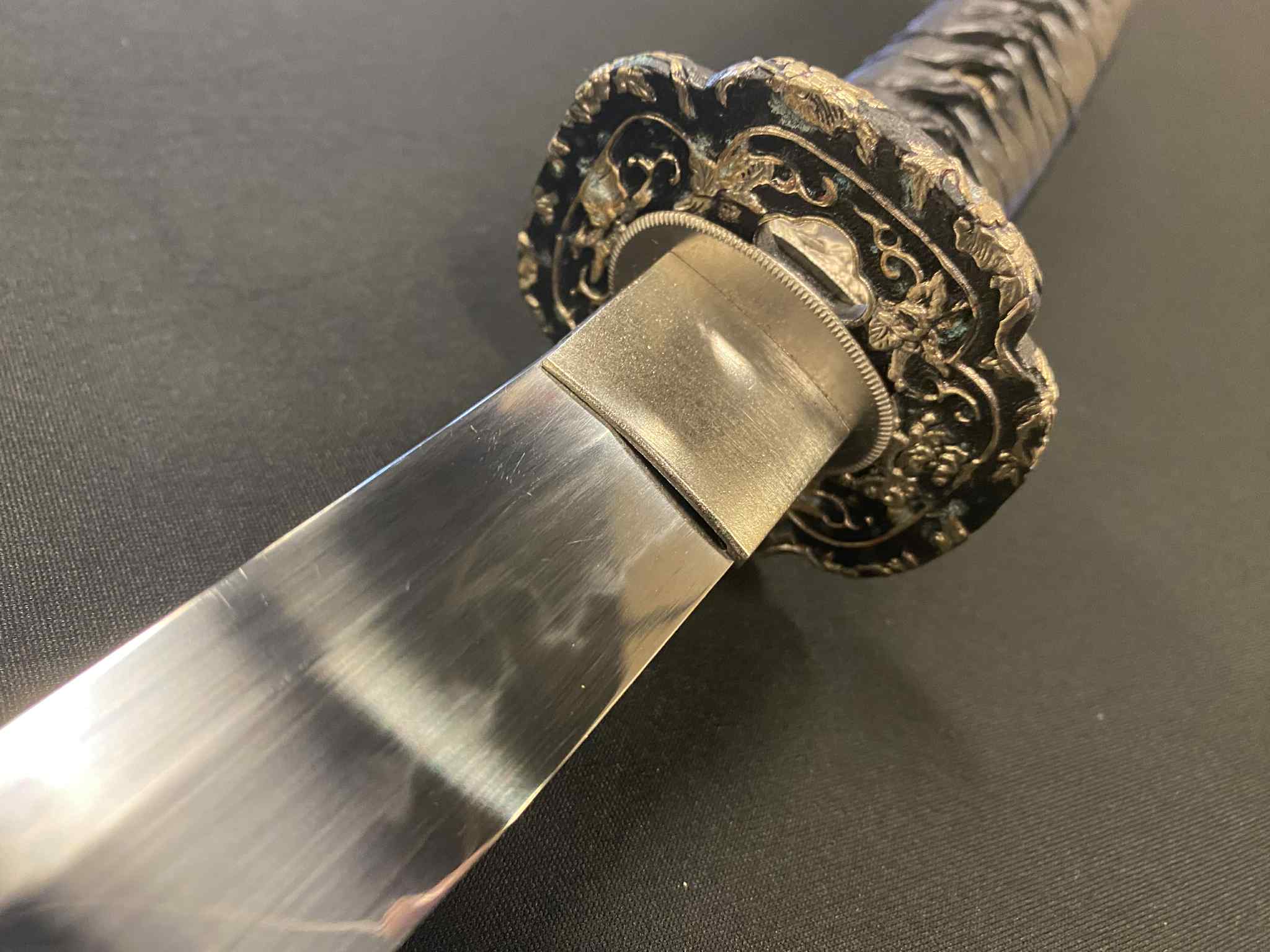Phoenix Armory Katana - Spring Arch - deep sori, T10 Clay Tempered Choji hamon, Brass Fittings