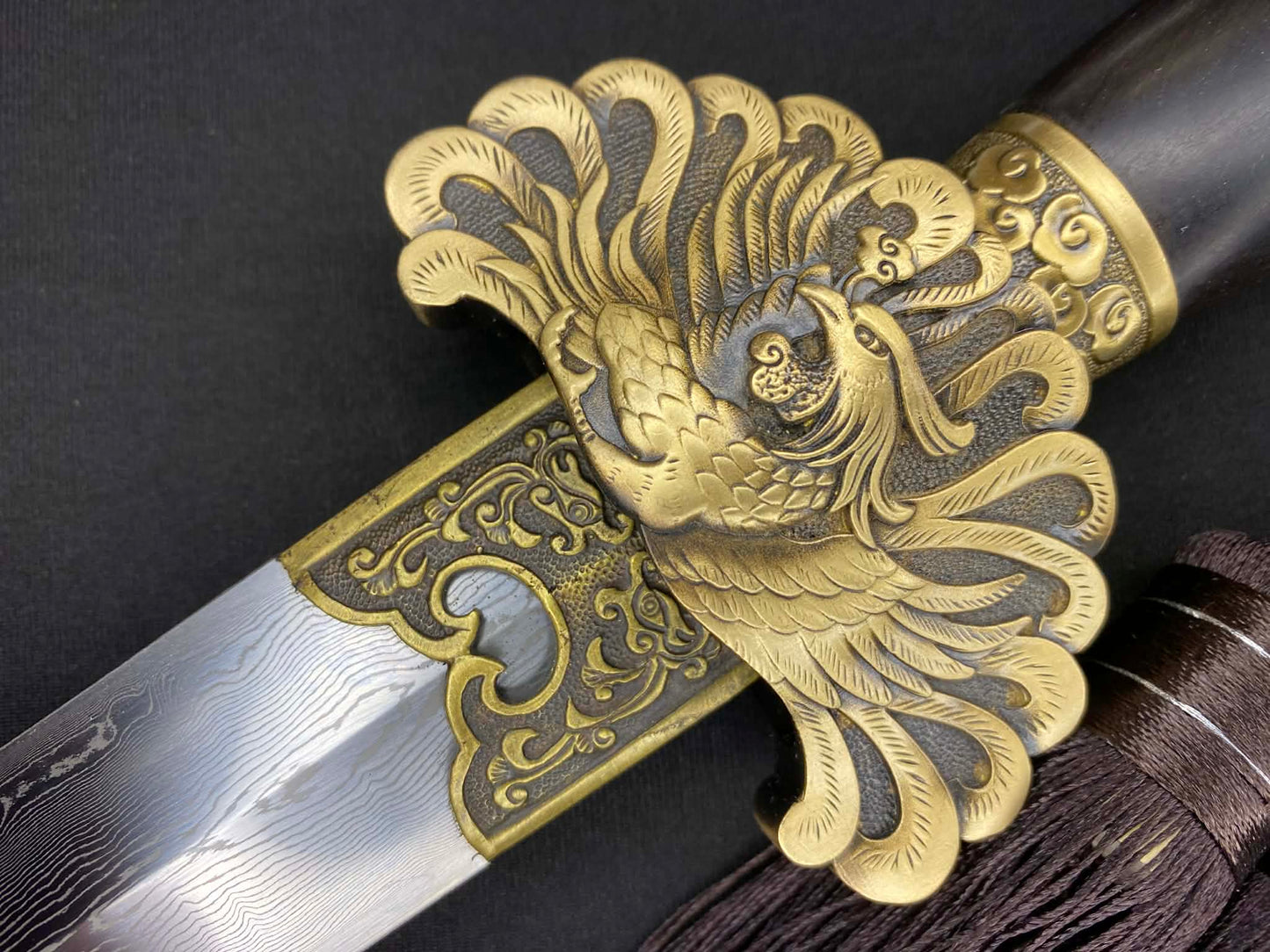Phoenix Armory Qing Jian - Phoenix Flight four-faced Damascus, Brass fittings
