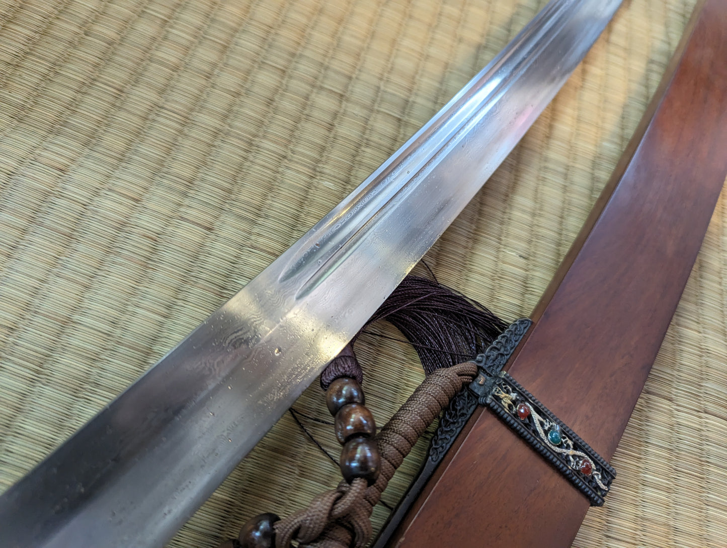 Ming Saber- Dragon Fittings, Clay Tempered Damascus Steel, rectangular profile scabbard