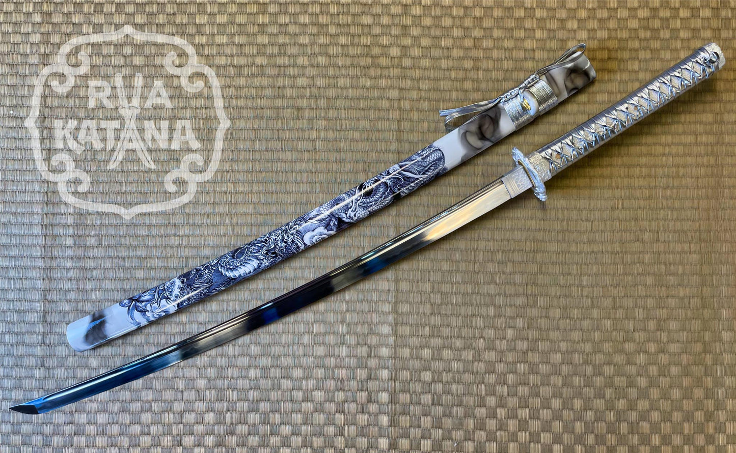 Dragonspring Katana Wakizashi Daisho - Silver Dragon - T10 Steel Clay Tempered