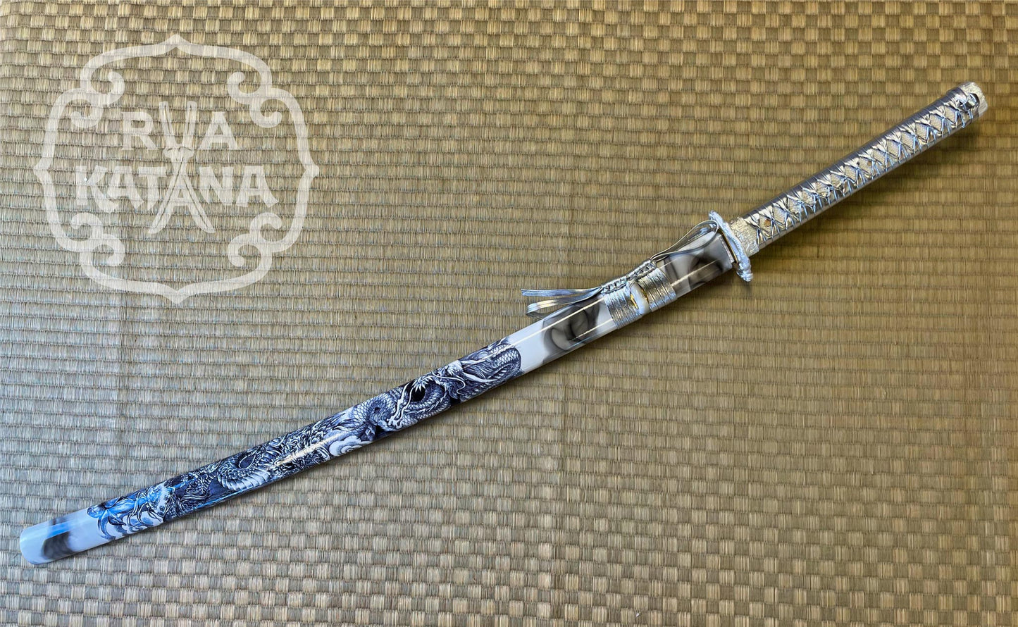 Dragonspring Katana Wakizashi Daisho - Silver Dragon - T10 Steel Clay Tempered