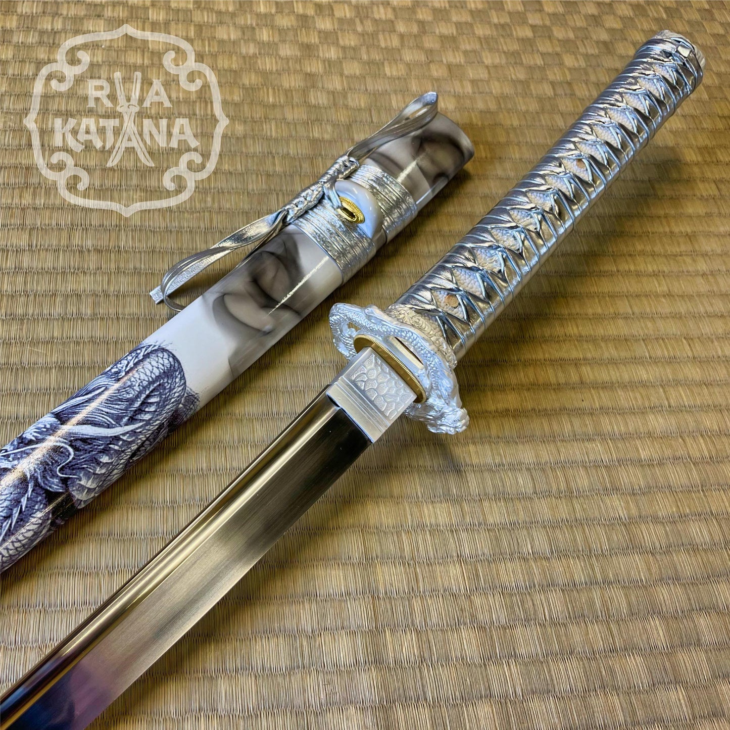 Dragonspring Katana Wakizashi Daisho - Silver Dragon - T10 Steel Clay Tempered