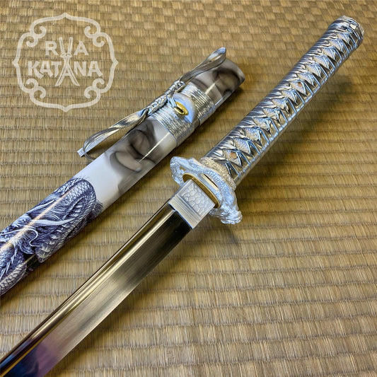 Dragonspring Katana Wakizashi Daisho - Silver Dragon - T10 Steel Clay Tempered