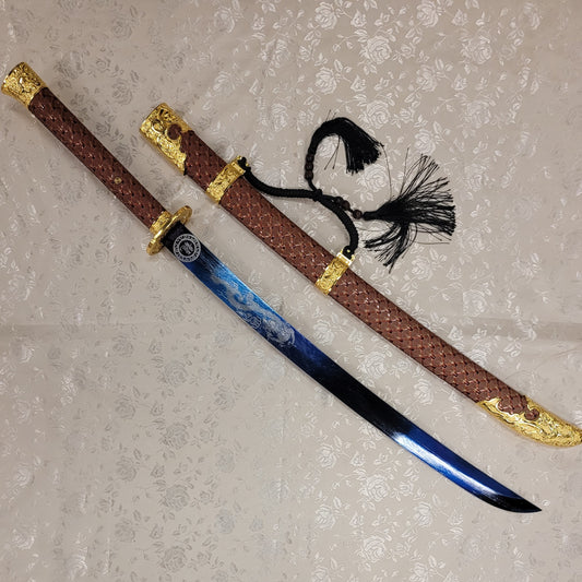 Dao, Blue Manganese Steel, Red Leather Scabbard, DragonTheme