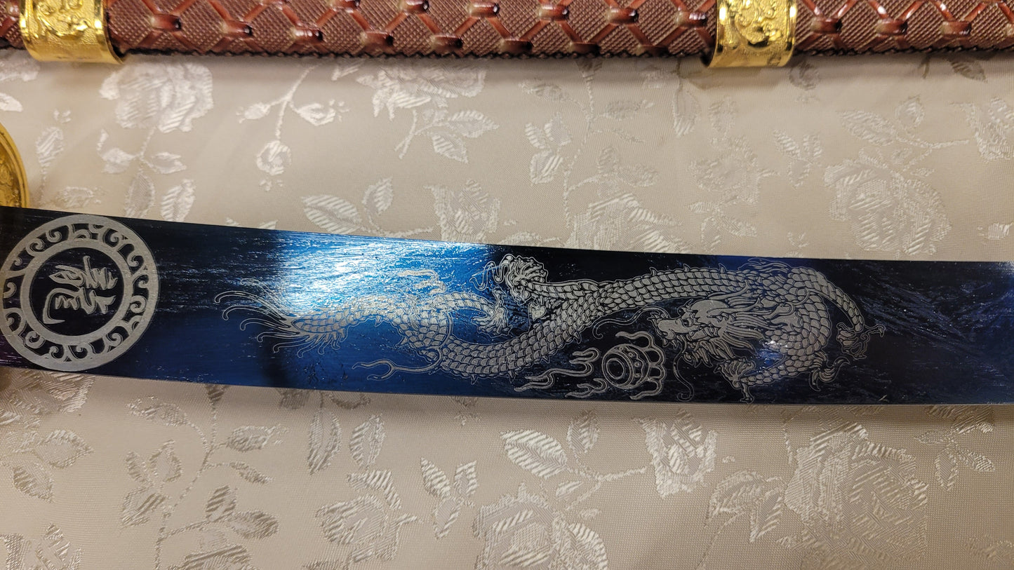 Dao, Blue Manganese Steel, Red Leather Scabbard, DragonTheme