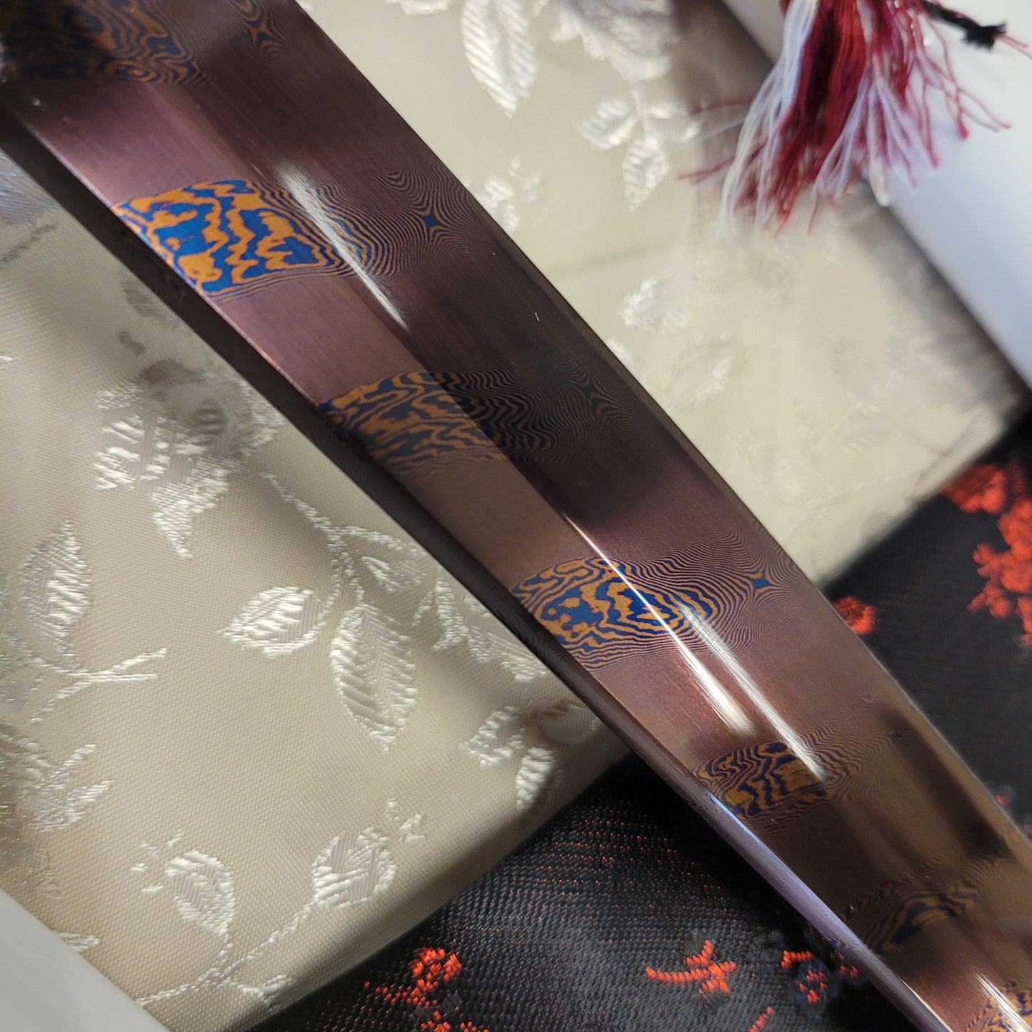 3-Sword Set- Blue & Red Rotary Damascus, Sakura Theme