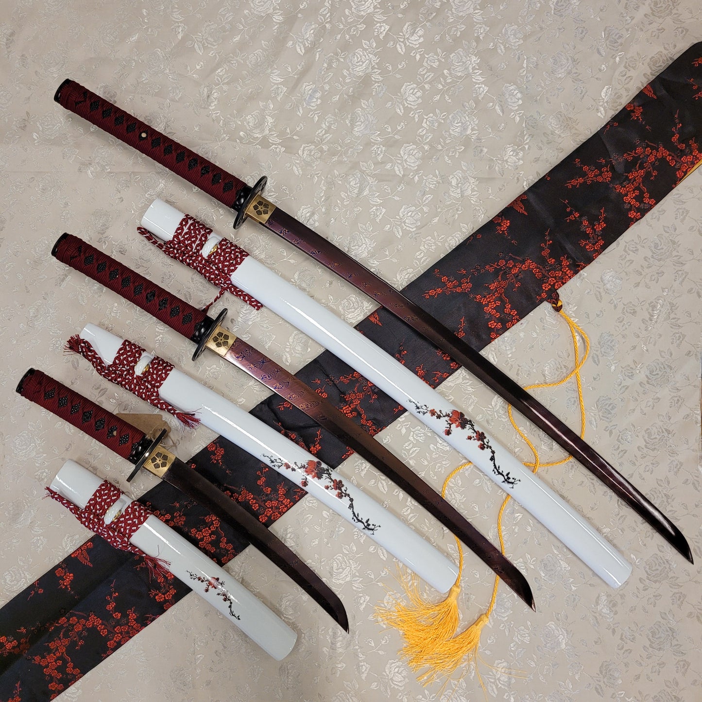 3-Sword Set- Blue & Red Rotary Damascus, Sakura Theme