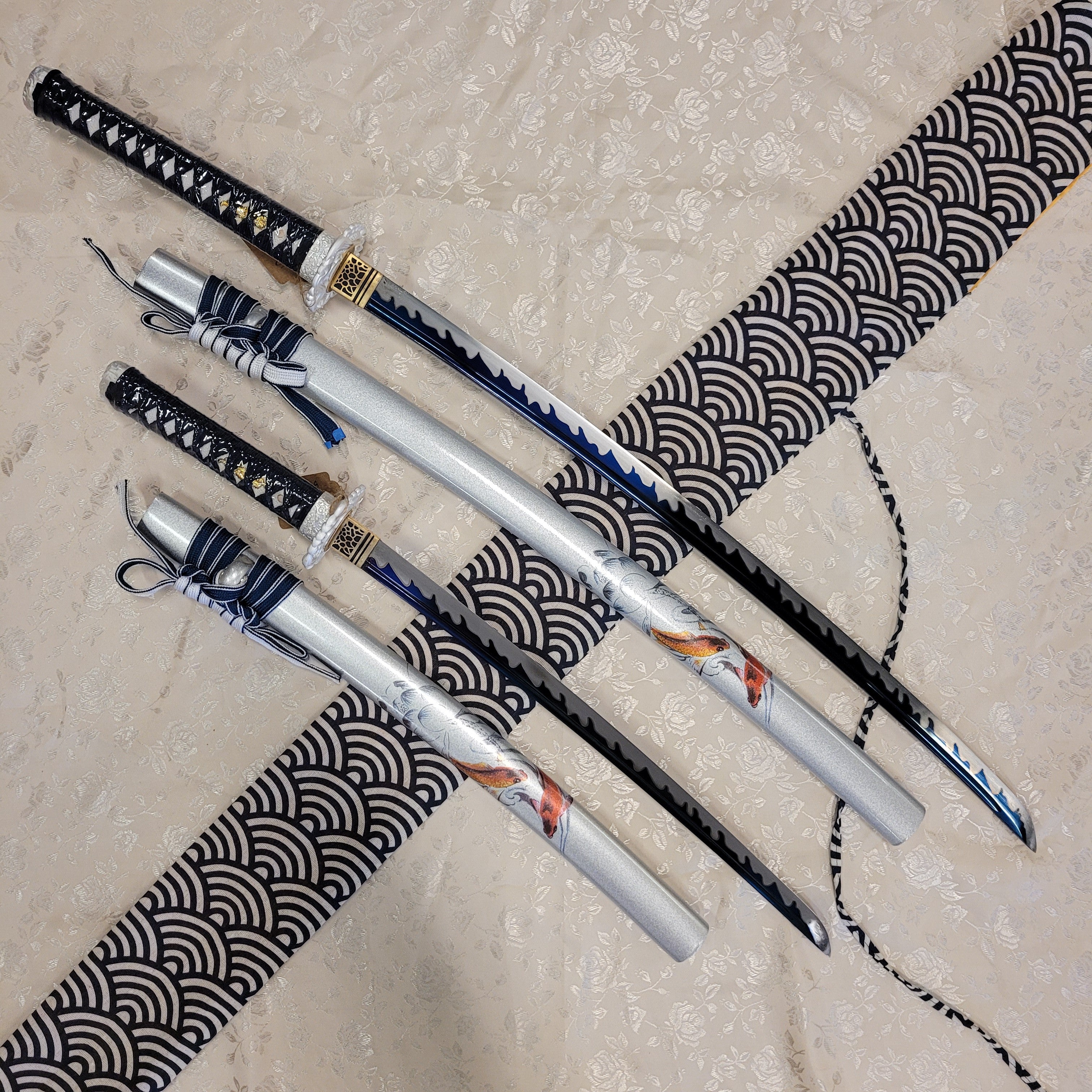 2-Sword Set- Blue Wave Carbon Steel, Carp Theme