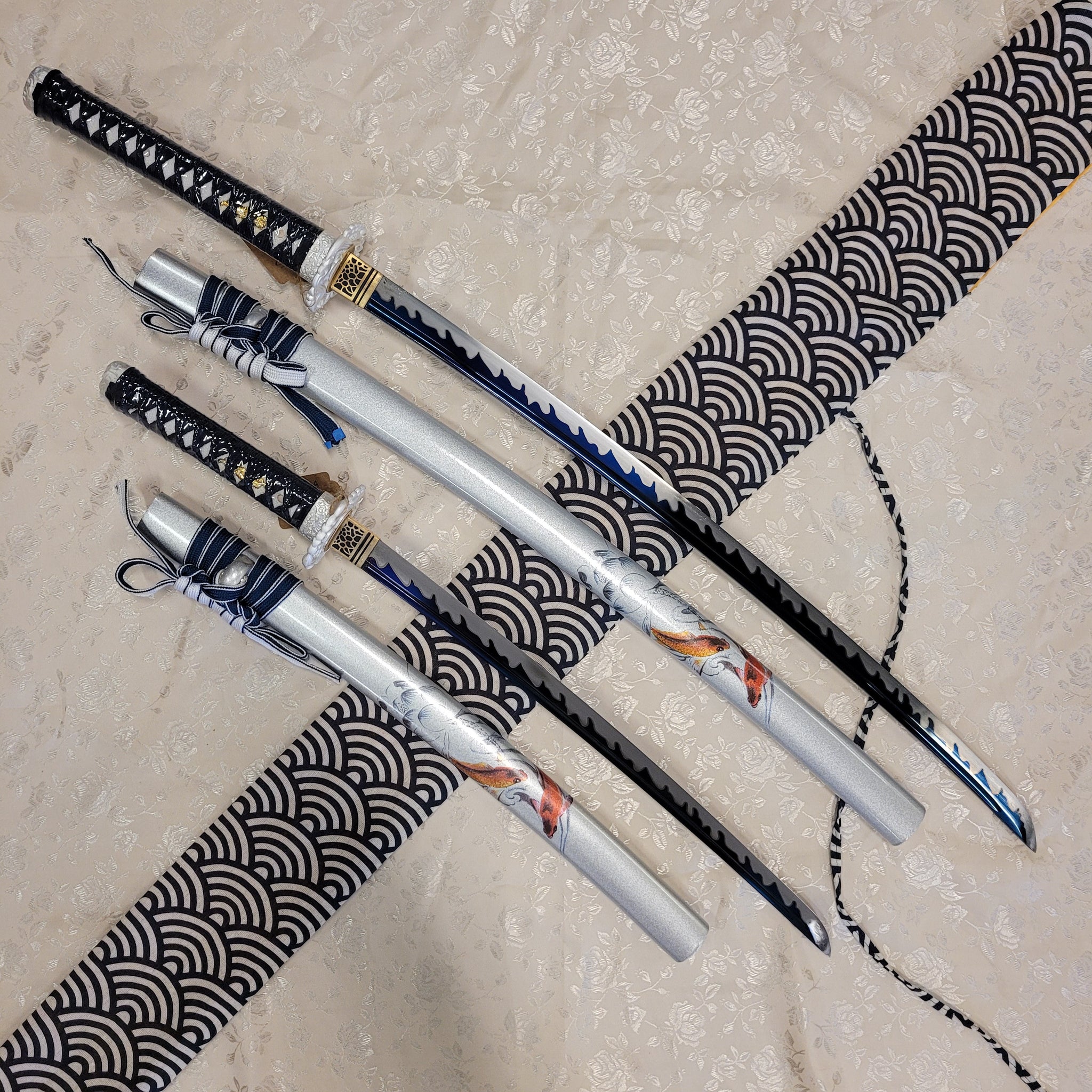 2-Sword Set- Blue Wave Carbon Steel, Carp Theme