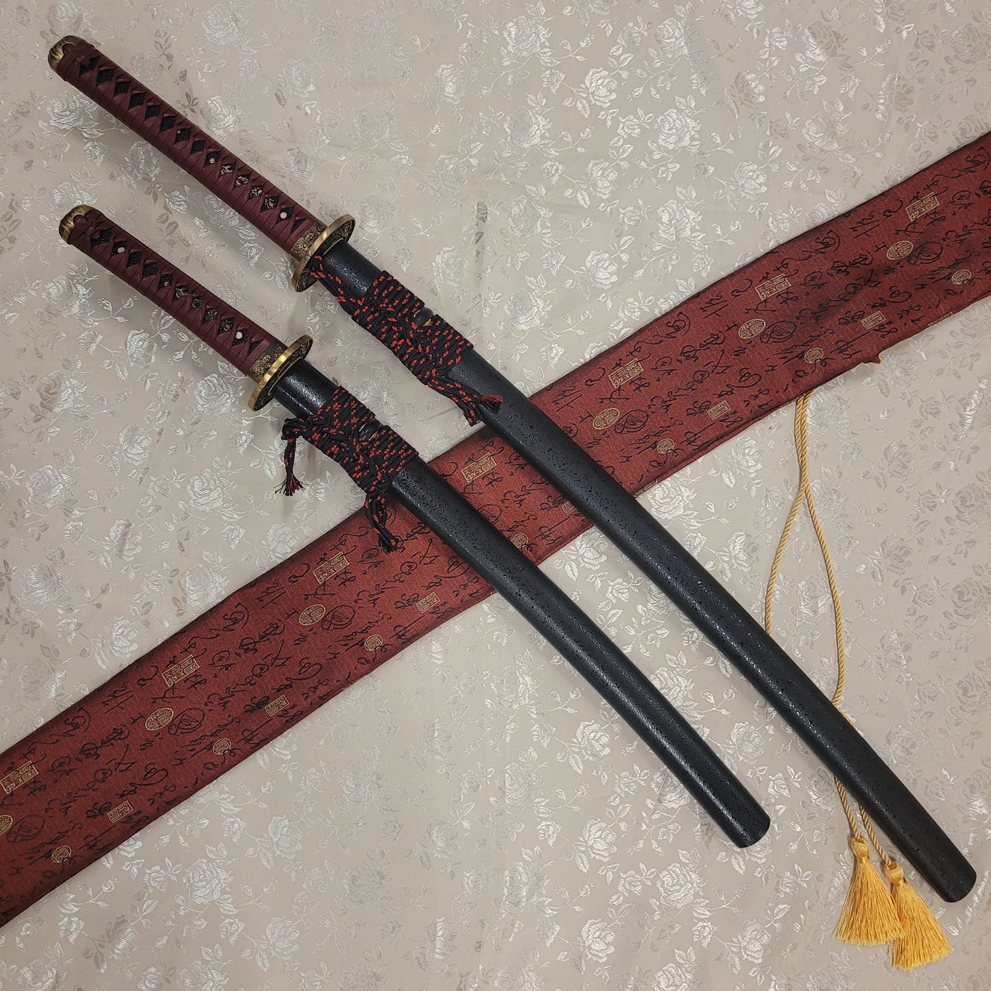 2-Sword Set, Folded steel, clay tempered hamom, abrasive polish,  Copper Fittings