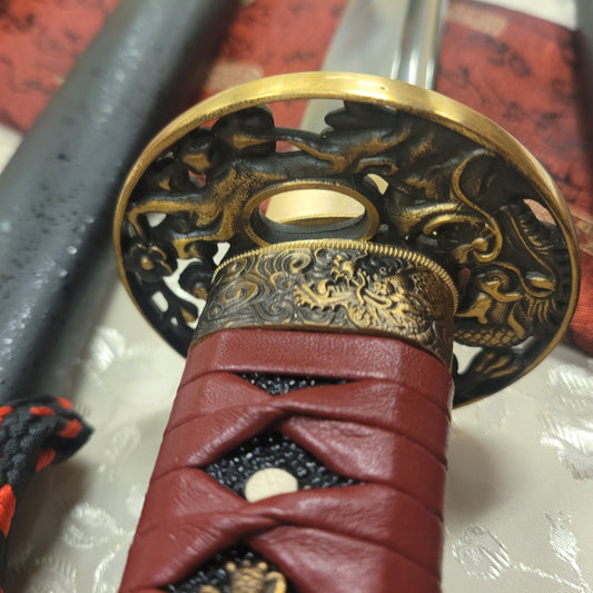 2-Sword Set, Folded steel, clay tempered hamom, abrasive polish,  Copper Fittings