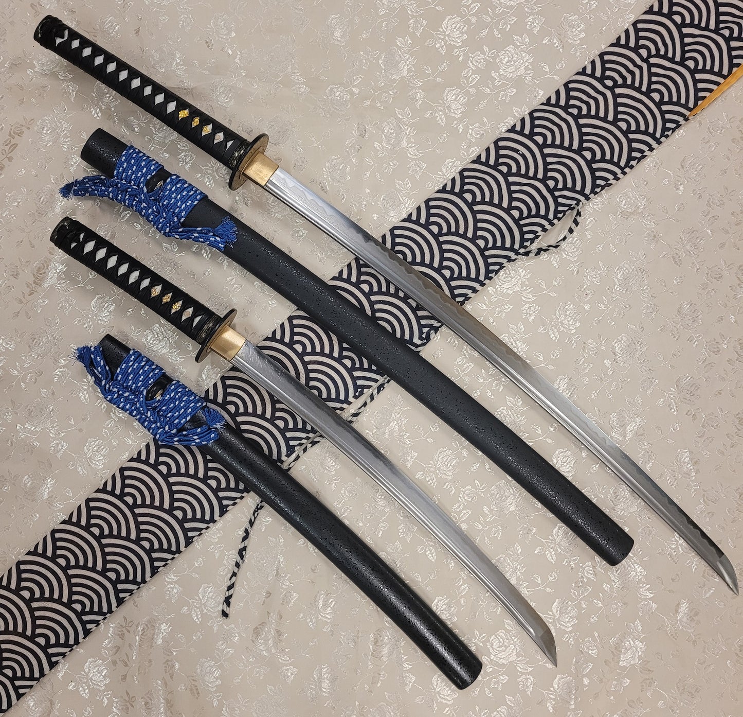 2-Sword Set, Folded steel, clay tempered hamom, abrasive polish, Iron Fittings