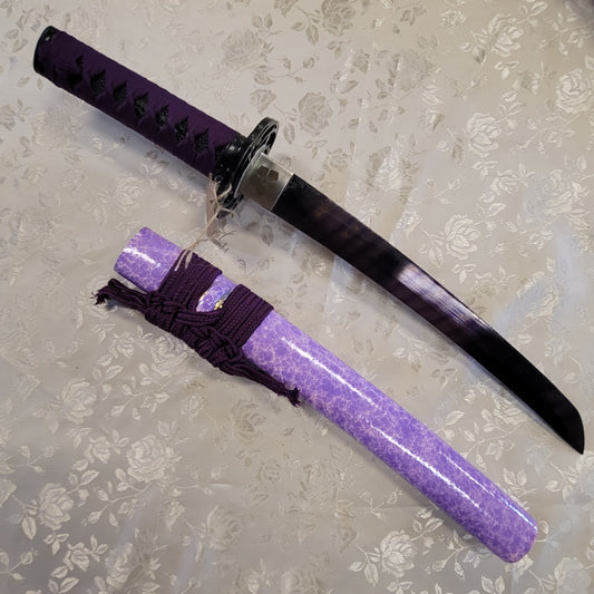Tanto - Red and Blue Twisted Damascus, Cherry Blossom Theme, Purple