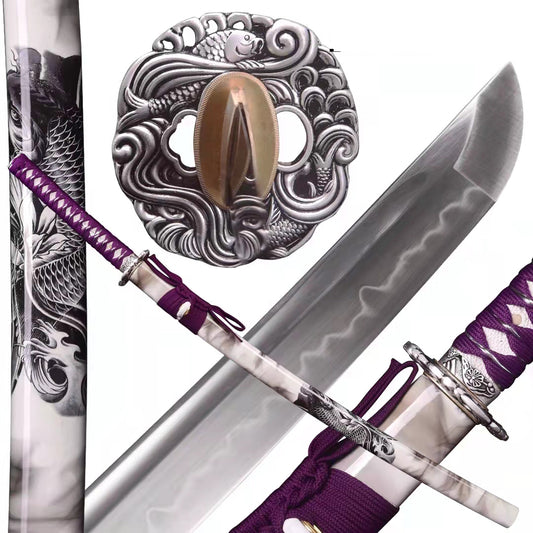 Dragonspring Forge Katana Wakizashi 2-sword Daishou - Purple Carp Daisho - T10 Clay Tempered