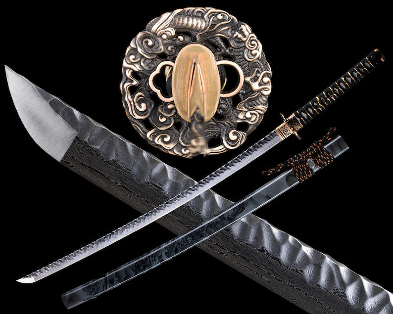 Katana - Damascus, Hammered Spine, Copper Fittings, Swirling Dragons Theme