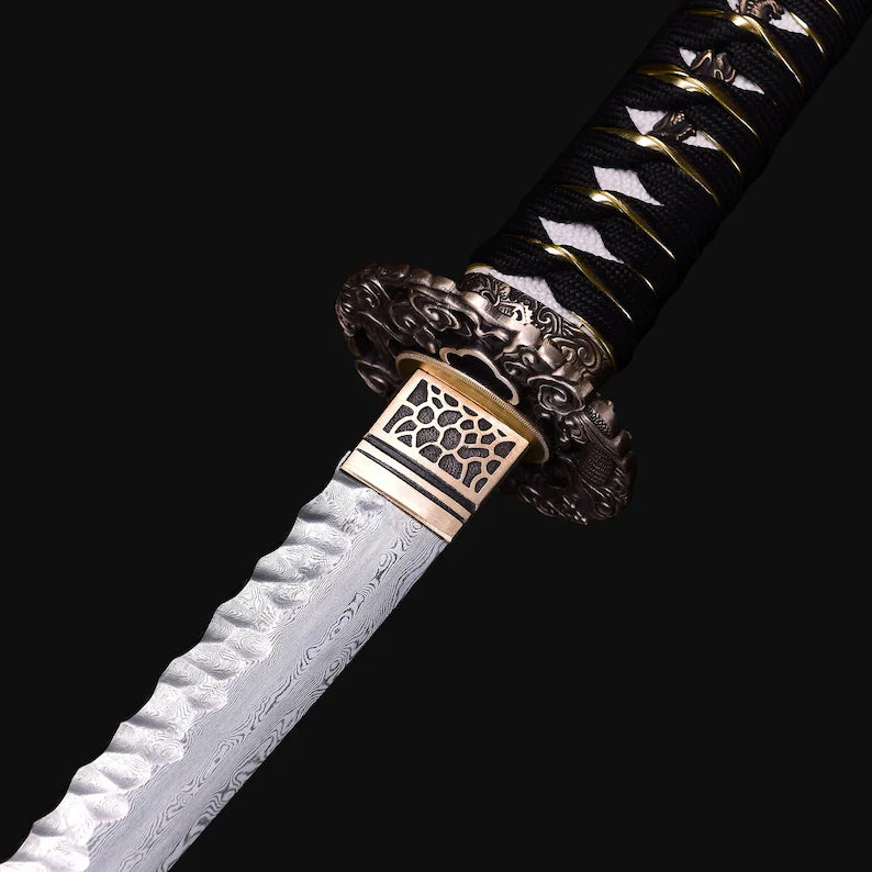 Katana - Damascus, Hammered Spine, Copper Fittings, Swirling Dragons Theme